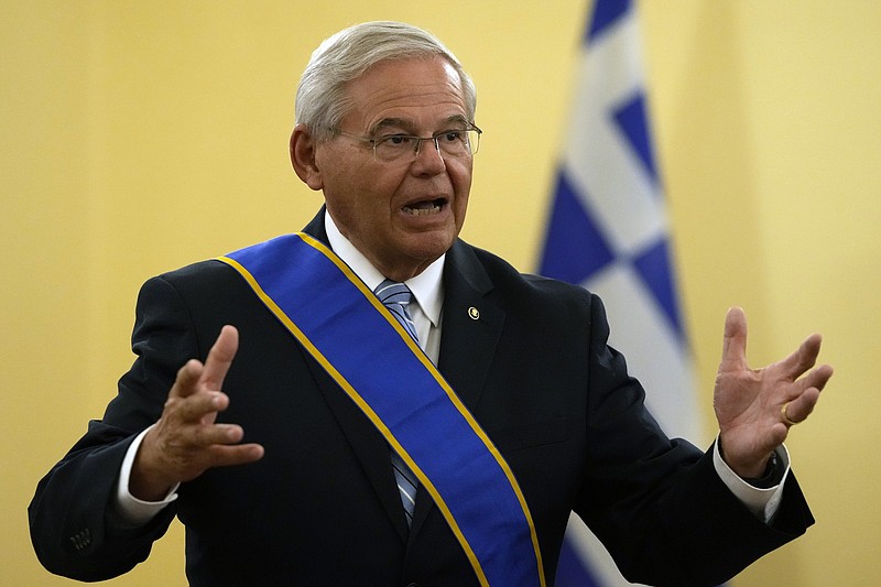U.S. Sen. Bob Menendez, chairman of the Senate Foreign Relations Committee, speaks Friday after  he was awarded with the Grand Cross of the Order of the Redeemer by Greek President Katerina  Sakellaropoulou at the Presidential Palace in Athens. Video at arkansasonline.com/828greece/. 
(AP/Thanassis Stavrakis)