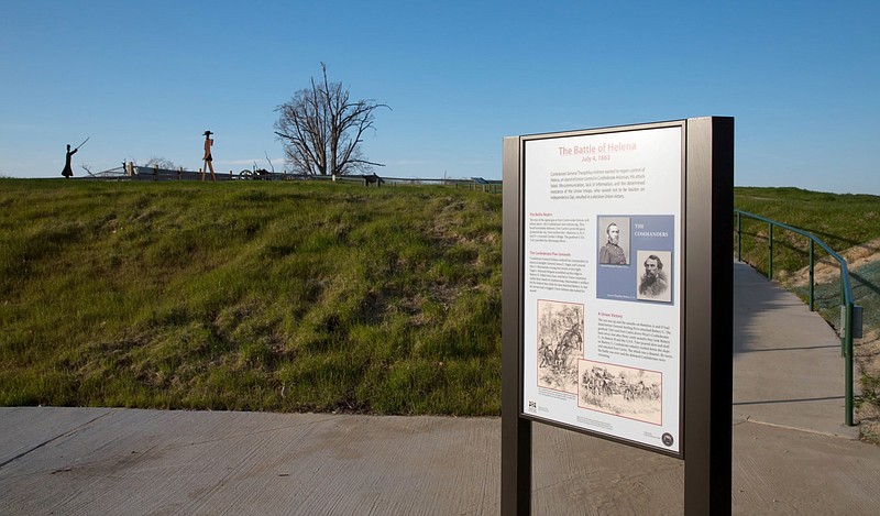A sign details the Battle of Helena at Battery C Park in Helena-West Helena in this March 2014 file photo. Battery C was one of three batteries built south of Battery A before the Civil War battle. (Arkansas Democrat-Gazette file photo)