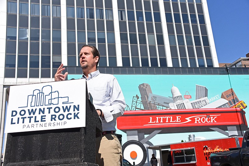 Gabe Holmstrom, executive director of the Downtown Little Rock Partnership, speaks during a press briefing at Union Plaza in downtown Little Rock in this May 5, 2021, file photo. (Arkansas Democrat-Gazette/Staci Vandagriff)