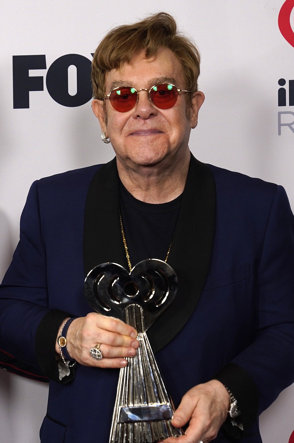 Icon award winner Elton John attends the iHeartRadio Music Awards at the Dolby Theatre on Thursday, May 27, 2021, in Los Angeles. (AP Photo/Chris Pizzello)