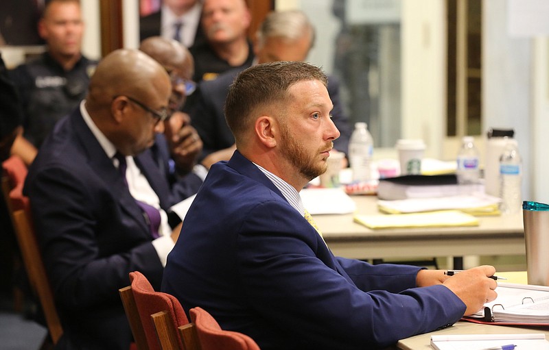 Charles Starks listens to testimony during the Civil Service Commission hearing at Little Rock City Hall in this Sept. 4, 2019, file photo. (Arkansas Democrat-Gazette/Thomas Metthe)