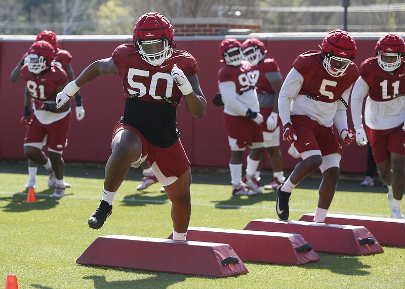 Arkansas defensive tackle Eric Gregory, who started seven games at defensive end for the Razorbacks last season, added weight during the offseason and now at 298 pounds is slated to be one of the top tackles heading into Saturday’s season opener against Rice.
(NWA Democrat-Gazette/David Gottschalk)