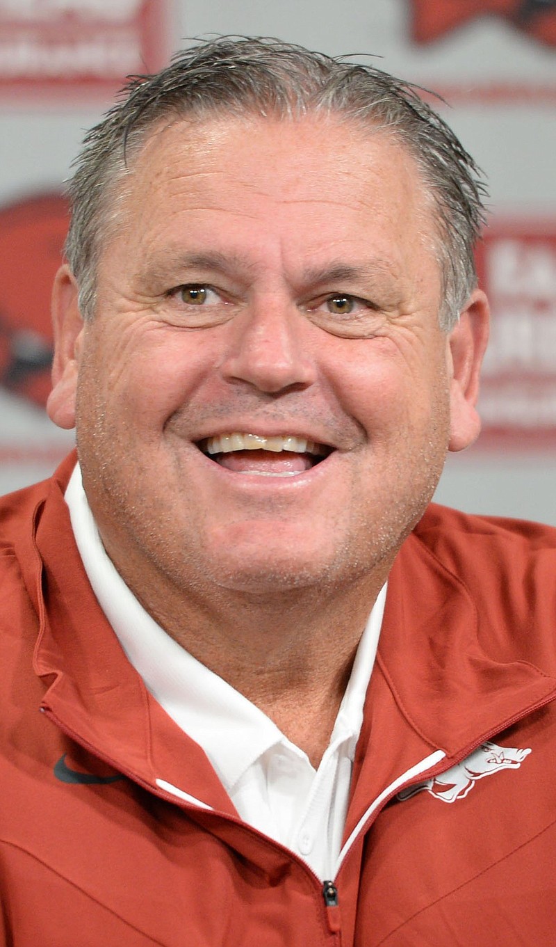 Arkansas coach Sam Pittman speaks Thursday, Aug. 5, 2021, during Media Day for football in the Frank Broyles Athletic Center on the university campus in Fayetteville. 
(NWA Democrat-Gazette/Andy Shupe)