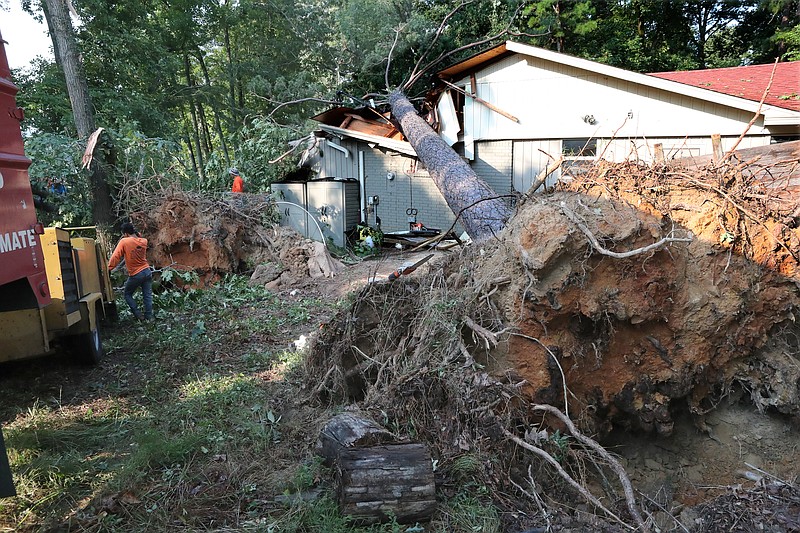 A tree crew works to remove downed trees at 1835 Marion Anderson Road Thursday. - Photo by Richard Rasmussen of The Sentinel-Record