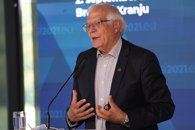 European Union foreign policy chief Josep Borrell speaks during a media conference at the conclusion of a meeting of EU foreign ministers Friday at the Brdo Congress Center in Kranj, Slovenia. Video at arkansasonline.com/94nato/.
(AP/Darko Bandic)