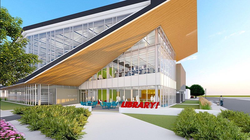 An artist’s rendering of the exterior of the Pine Bluff Library shows some renovations that library leadership hope to implement. 
(Special to the Commercial/Polk Stanley Wilcox Architects)