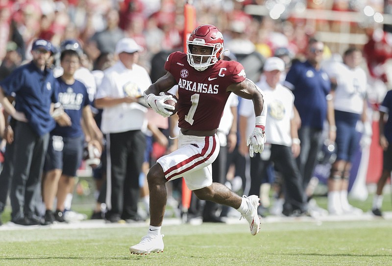 Arkansas sophomore safety Jalen Catalon had two interceptions in the fourth quarter last week against Rice. SEC Network analyst Roman Harper called Catalon “the best defensive back in college football, and definitely in the SEC.”
(NWA Democrat-Gazette/Charlie Kaijo)