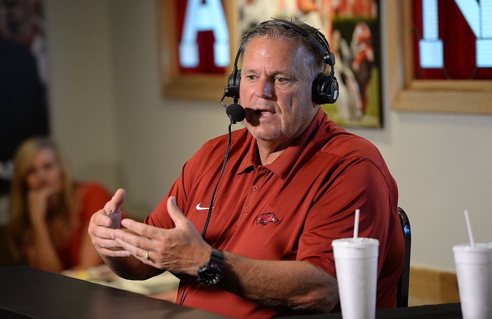Arkansas football coach Sam Pittman speaks Wednesday, Aug. 25, 2021, during Pittman's weekly talkshow "Sam Pittman Live" at Catfish Hole Restaurant in Fayetteville.
(NWA Democrat-Gazette/Andy Shupe)