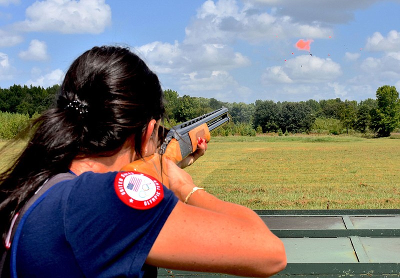 Kayle Browning shows the target-breaking form that enabled her to win a silver medal in women’s trap at the Tokyo Olympics.
(Arkansas Democrat-Gazette/Bryan Hendricks)