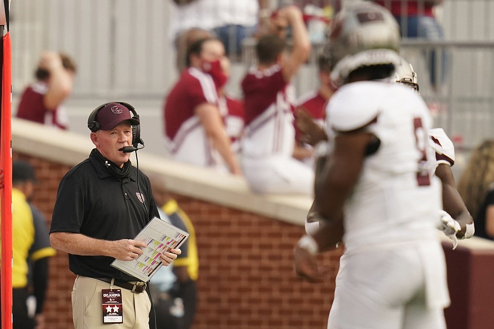 Missouri State head coach Bobby Petrino walks on the sidelines in the first half of an NCAA college football game against Oklahoma Saturday, Sept. 12, 2020, in Norman, Okla. (AP Photo/Sue Ogrocki)