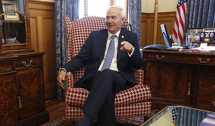 Gov. Asa Hutchinson talks about his time with the Department of Homeland Security and his role after the Sept. 11, 2001, attacks. “It was the most difficult job I’ve ever had in my life,” Hutchinson said of protecting U.S. borders and transportation.
(Arkansas Democrat-Gazette/Thomas Metthe)