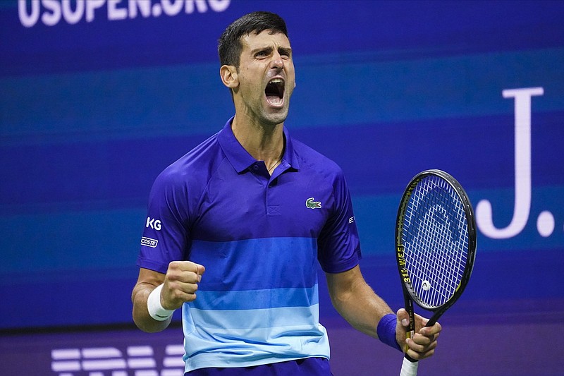 Novak Djokovic celebrates during Friday night’s 4-6, 6-2, 6-4, 4-6, 6-2 victory over Alexander Zverev in the semifinals at the U.S. Open. Djokovic will face Daniil Medvedev in Sunday’s final.
(AP/John Minchillo)