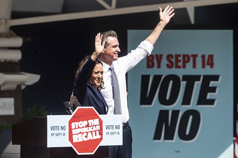 Vice President Kamala Harris joins California Gov. Gavin Newsom at a rally against the California gubernatorial recall election on Wednesday in San Leandro, Calif.
(AP/Noah Berger)