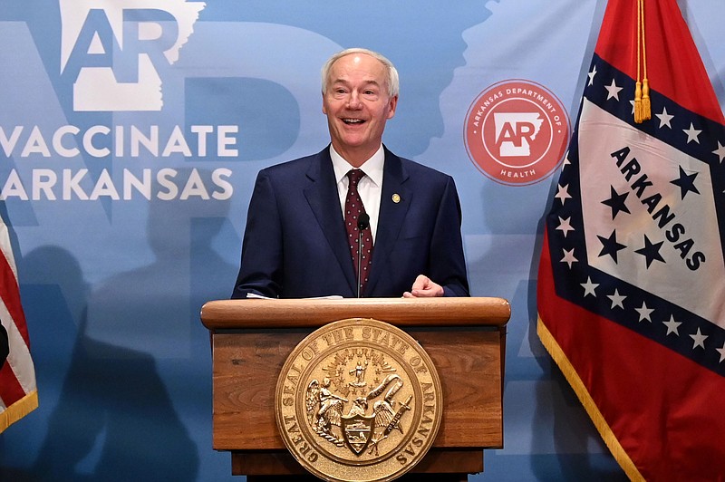 Governor Hutchinson addresses the media during a weekly address on the state's response to COVID-19 on Tuesday, Sept. 14, 2021. See more photos at arkansasonline.com/915gov/..(Arkansas Democrat-Gazette/Stephen Swofford)