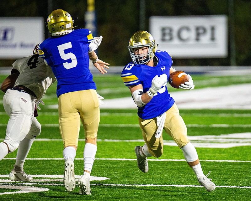 Ben Baker (13) and the Shiloh Christian Saints get a chance Friday to avenge its only loss last season to Sand Springs (Okla.) Page.
(Special to the NWA Democrat-Gazette/David Beach)