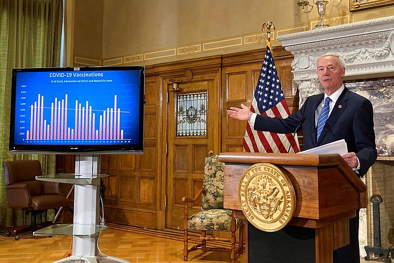 FILE - In this Tuesday, June 29, 2021 file photo, Arkansas Gov. Asa Hutchinson talks about covid-19 vaccinations at the state Capitol in Little Rock. (AP Photo/Andrew DeMillo)