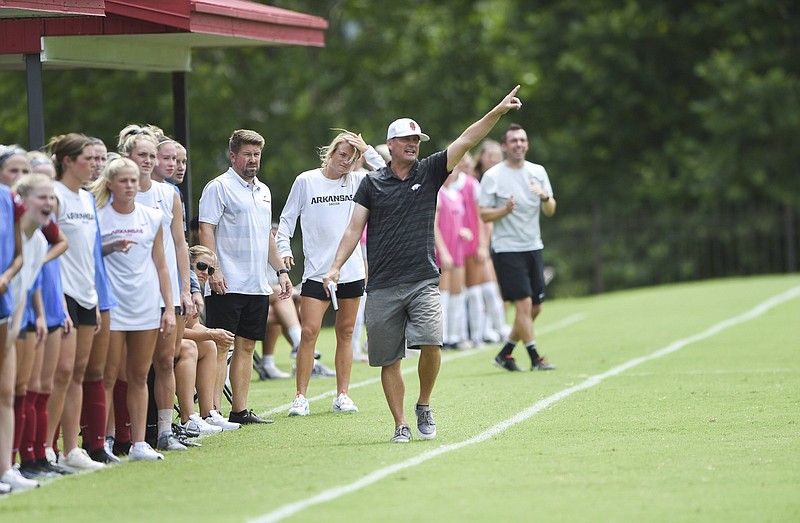 Arkansas women’s soccer Coach Colby Hale leads the Razorbacks against No. 13 Tennessee in Fayetteville in their SEC opener.
(NWA Democrat-Gazette/Charlie Kaijo)