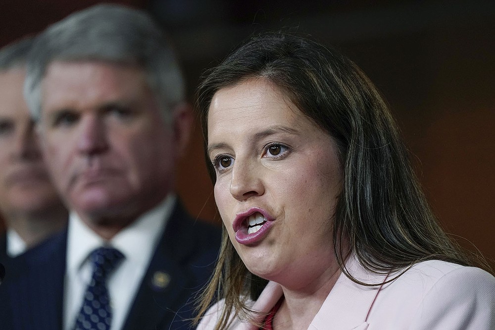 House Republican Conference Chair Elise Stefanik, R-N.Y., joined at left by House Foreign Affairs Ranking Member Michael McCaul, R-Texas, speaks at a news conference at the Capitol in Washington, Wednesday, June 23, 2021.
(AP Photo/J. Scott Applewhite)