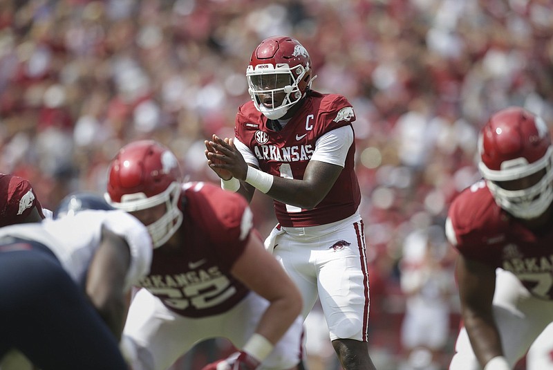 Arkansas quarterback KJ Jefferson is 22-of-29 passing for 245 yards with 1 touchdown, i interception and 1 sack over the past six quarters after struggling in the first half of the opener against Rice.
(NWA Democrat-Gazette/Charlie Kaijo)