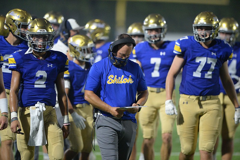 FILE -- Shiloh Christian coach Jeff Conaway speaks to his team Friday, Aug. 28, 2020, during the first half of play against Pea Ridge at Champions Stadium in Springdale.
(NWA Democrat-Gazette/Andy Shupe)