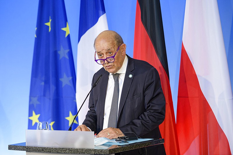 French Foreign Minister Jean-Yves Le Drian speaks in Weimar, Germany, in this Sept. 10, 2021, file photo. (Jens Schlueter/Pool Photo via AP)
