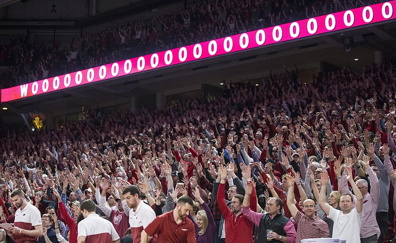 FILE -- Arkansas fans call the hogs during a timout in the second half vs Texas A&M Saturday, Jan. 4, 2020, at Bud Walton Arena in Fayetteville.
(NWA Democrat-Gazette/BEN GOFF)