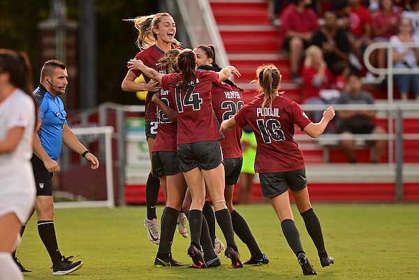 Arkansas players celebrate a goal during a game against Tennessee on Friday, Sept. 17, 2021, in Fayetteville.