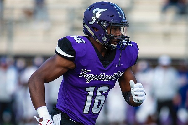 Mani Powell, who played high school football at Fayetteville and signed with Arkansas, is shown during a game against North Little Rock on Sept. 10, 2021.
