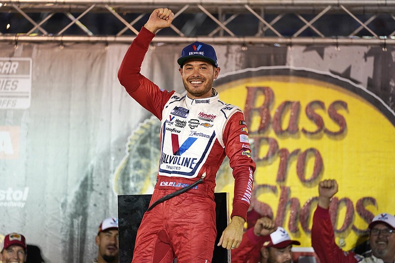 Kyle Larson celebrates in Victory Lane after winning Saturday’s NASCAR Cup Series race at Bristol Motor Speedway in Bristol, Tenn. It was Larson’s Cup-high sixth win of the season.
(AP/Mark Humphrey)
