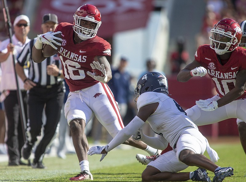 Arkansas wide receiver Treylon Burks (left) caught 3 passes for 127 yards and a touchdown as the No. 20 Razorbacks defeated Georgia Southern 45-10 on Saturday afternoon at Reynolds Razorback Stadium in Fayetteville.
(Special to the NWA Democrat-Gazette/David Beach)