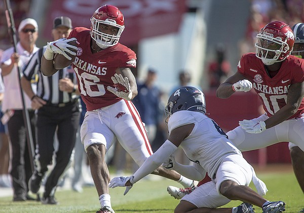 Arkansas receiver Treylon Burks (16) runs with the ball during a game against Georgia Southern on Saturday, Sept. 18, 2021, in Fayetteville. Arkansas receiver Treylon Burks (16) runs with the ball during a game against Georgia Southern on Saturday, Sept. 18, 2021, in Fayetteville.