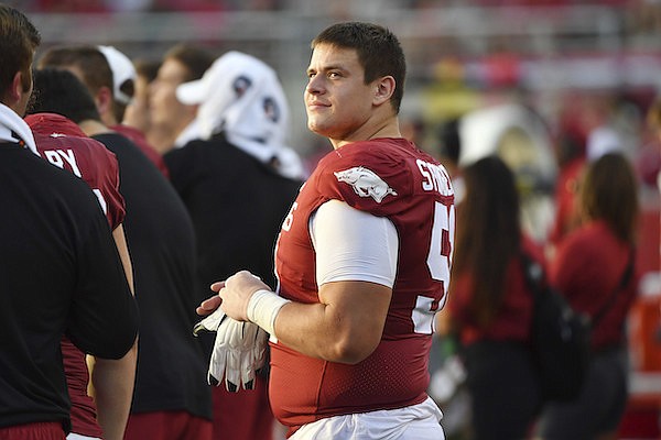 Arkansas center Ricky Stromberg (51) on the sidelines against Georgia Southern during the second half of an NCAA college football game Saturday, Sept. 18, 2021, in Fayetteville. (AP Photo/Michael Woods)
