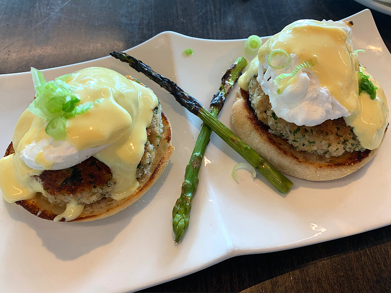 Crabcake Benedict from the Sunday brunch menu at 42 bar & table.
(Arkansas Democrat-Gazette/Eric E. Harrison)