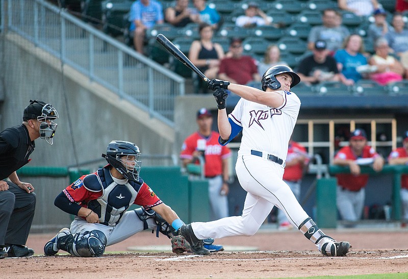 Vinnie Pasquantino (44) of the Naturals swings at the ball against Wichita at Arvest Ballpark, Springdale, Arkansas, Wednesday, July 30 2021 / Special to NWA Democrat-Gazette/ David Beach.