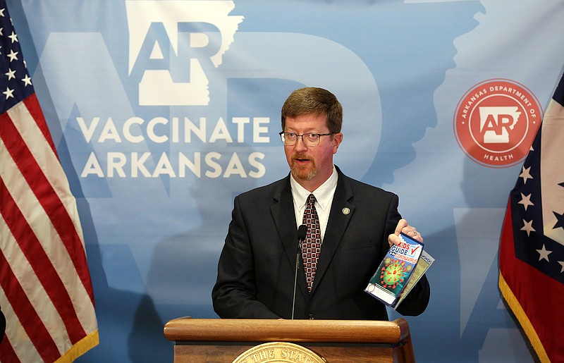 Secretary of Education Johnny Key talks about the "Kids Guide to Coronavirus" put out by the Arkansas Department of Education last year during the weekly Covid-19 press briefing on Tuesday, Sept. 21, 2021, at the state Capitol in Little Rock. .More photos at www.arkansasonline.com/922gov/.(Arkansas Democrat-Gazette/Thomas Metthe)