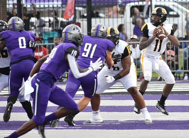 Quarterback Skyler Perry (11) leads Arkansas-Pine Bluff against Alcorn State tonight in the Southwestern Athletic Conference opener for both teams at Simmons Bank Field in Pine Bluff.
(Pine Bluff Commercial/I.C. Murrell)