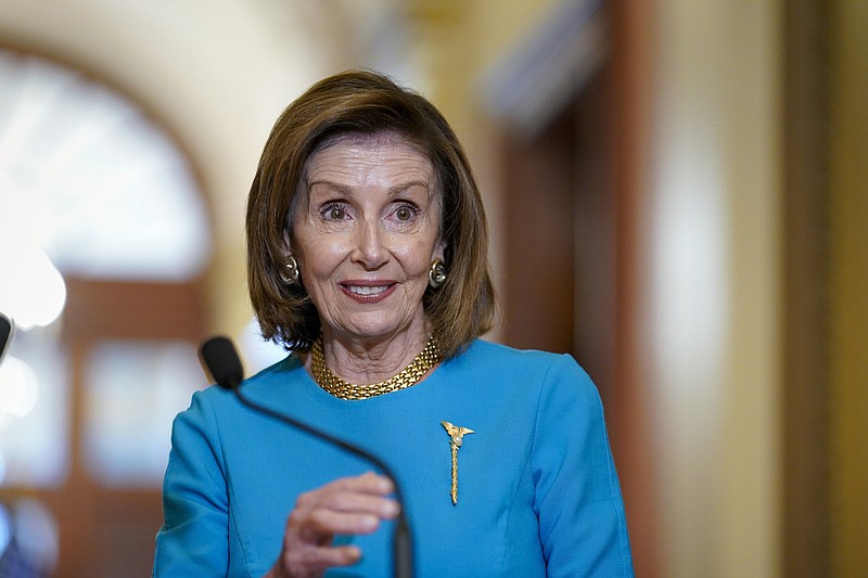 "We're in good shape," Speaker of the House Nancy Pelosi told reporters Wednesday after a meeting with President Joe Biden and other Democrats to discuss spending intiatives. Video online at arkansasonline.com/923plan/.
(AP/J. Scott Applewhite)
