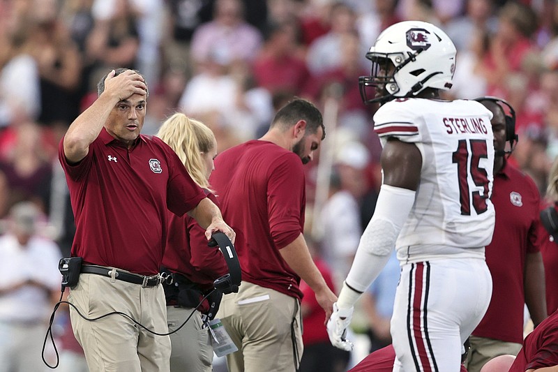 South Carolina first-year Coach Shane Beamer said after last week’s loss to Georgia that the Bulldogs’ defensive scheme isn’t anything special, but it is handled by a bevy of amazing athletes. “They line up and say, ‘We’re better than you, and we’re physical, and come beat us,’ ” he said.
(AP/Butch Dill)