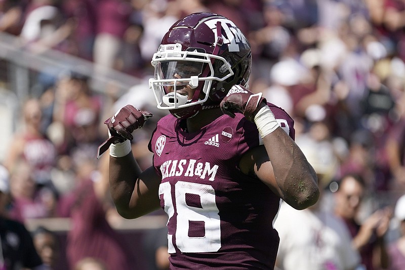 Texas A&M’s Isaiah Spiller splits time with Devon Achane in the Aggies’ backfield and still ranks fifth in the SEC with 83.3 rushing yards per game entering Saturday’s game against Arkansas.
(AP/Sam Craft)