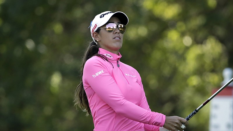 Maria Fassi of Mexico watches her tee shot on the second hole during the third round of the Marathon Classic LPGA golf tournament Saturday, Aug. 8, 2020, at the Highland Meadows Golf Club in Sylvania, Ohio. (AP Photo/Gene J. Puskar)