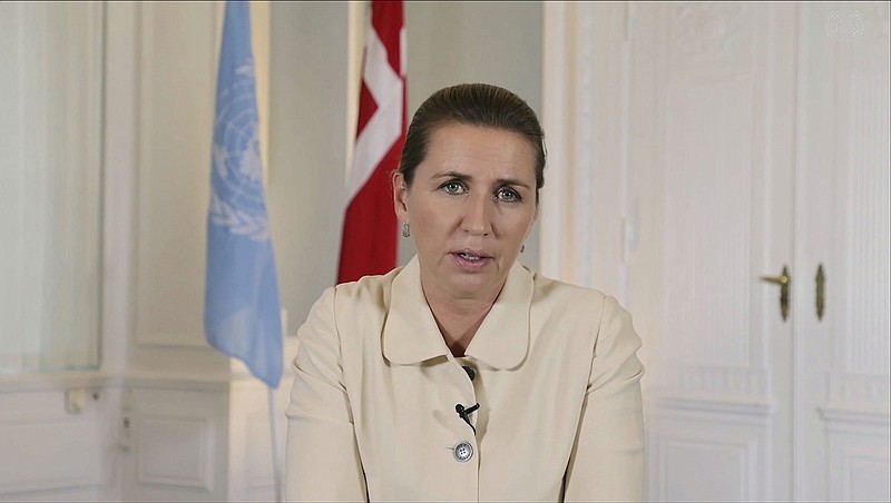 Prime Minister Mette Frederiksen of Denmark speaks in a prerecorded video Monday that was played at the U.N. In a newspaper interview, she sided with the U.S. against French criticism of a defense deal.
(AP/UNTV)