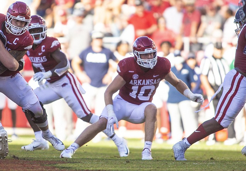 Linebacker Bumper Pool is among 23 players from Texas playing for the University of Arkansas, and he said he knows a lot of players on the Texas A&M roster. “I have so many friends from my high school that went to A&M,” Pool said.
(Special to the NWA Democrat-Gazette/David Beach)