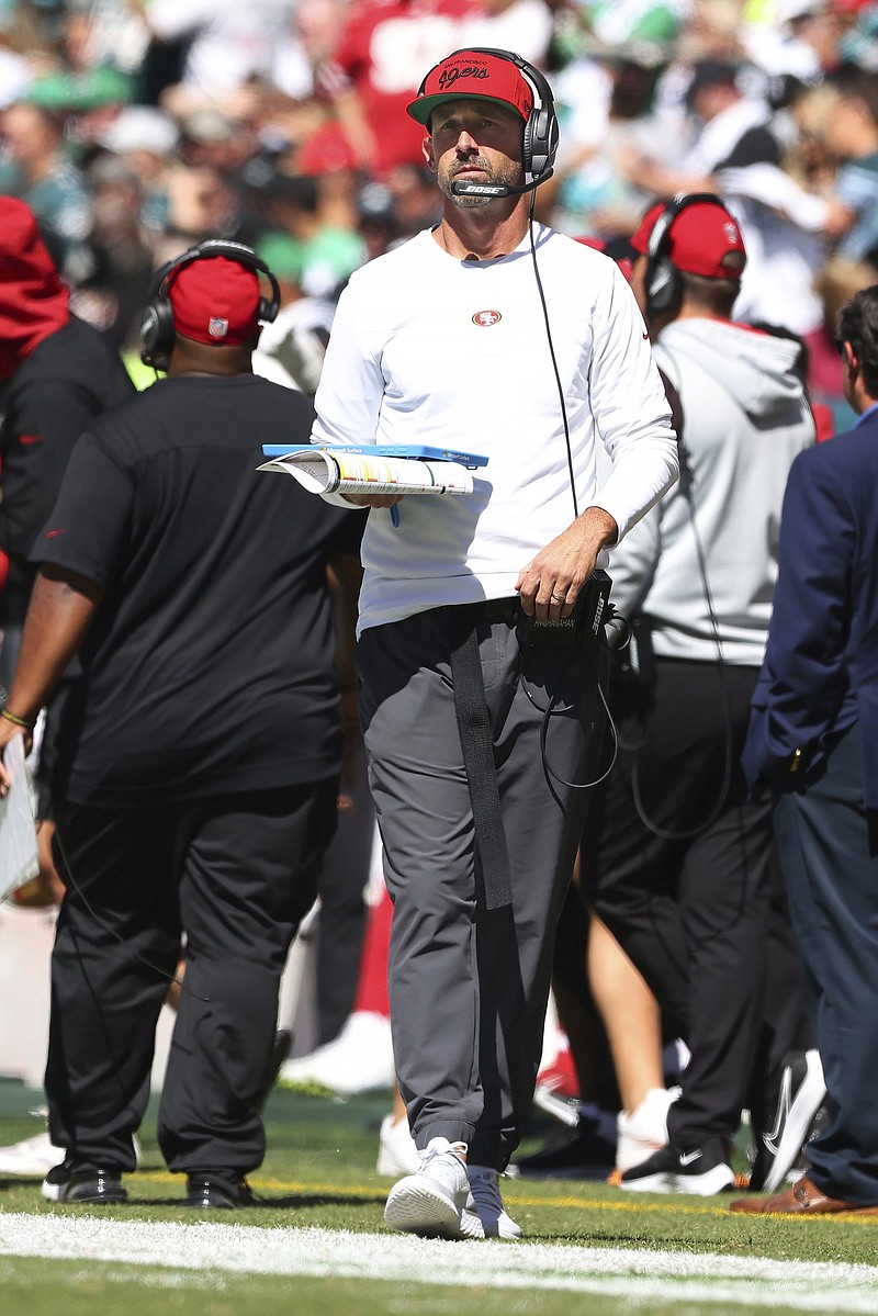 San Francisco 49ers Coach Kyle Shanahan changed up the team’s practice routine this week in an attempt to avoid the same letdown it has experienced in each of the past two seasons after East Coast road trips.
(AP/Rich Schultz)