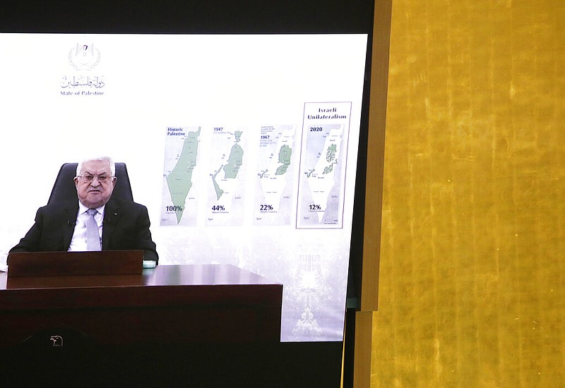 Palestinian President Mahmoud Abbas remotely addresses the 76th session of the U.N. General Assembly at United Nations headquarters in New York on Friday, Sept. 24, 2021. (John Angelillo/Pool Photo via AP)