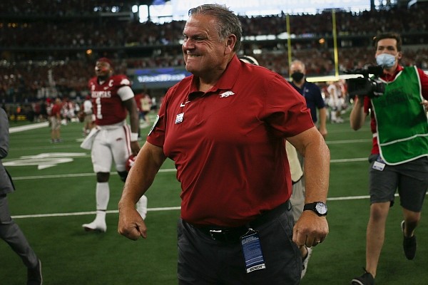 Arkansas coach Sam Pittman reacts after beating Texas A&M on Saturday, Sept. 25, 2021 at AT&T Stadium in Arlington, Texas.