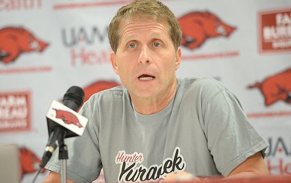 Arkansas coach Eric Musselman speaks to reporters during a news conference Tuesday, Sept. 28, 2021, in Fayetteville.