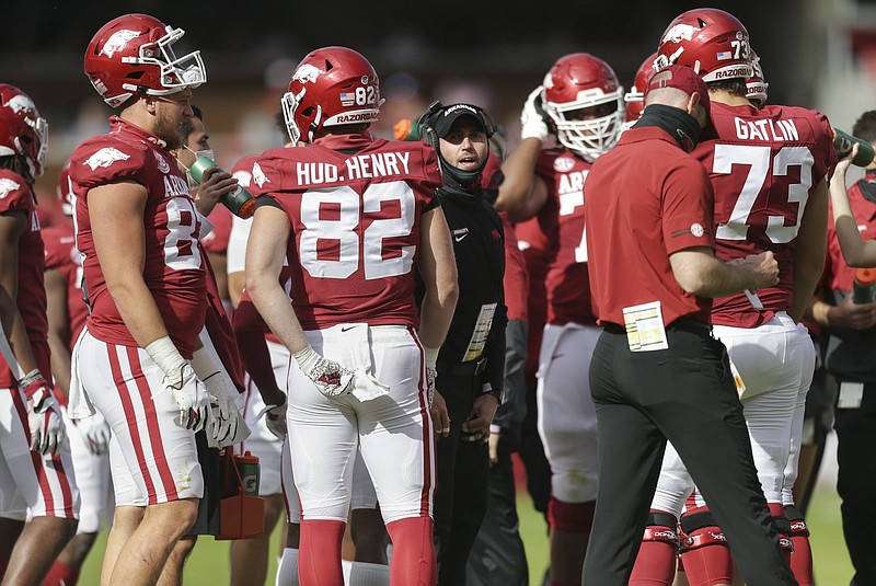 Kendal Briles, who is in his second season as Arkansas’ offensive coordinator, has delivered with a strong and unpredictable offense during the Razorbacks’ 4-0 start this season. “I mean everything he calls he thinks is going to work,” Razorbacks Coach Sam Pittman said. “Everything. It’s not a question in his mind.”
(NWA Democrat-Gazette/Charlie Kaijo)