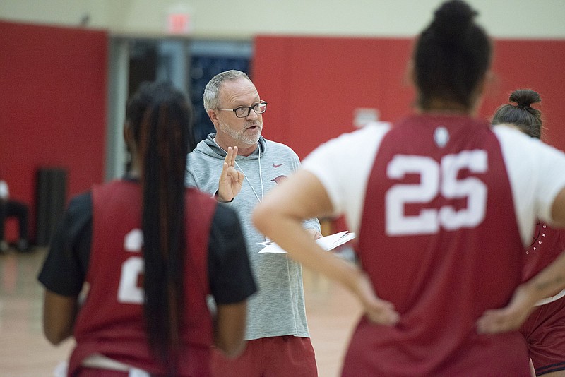Arkansas women’s basketball Coach Mike Neighbors directs the Razorbacks’ first practice of the season Wednesday in Fayetteville. Arkansas returns two starters from last year’s team that reached the NCAA Tournament.
(NWA Democrat-Gazette/J.P. Wampler)