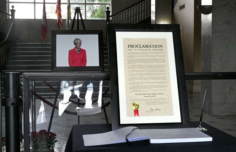 A memorial display for the late Ward 1 City Director Erma Hendrix of Little Rock is shown in the City Hall rotunda in this Sept. 13, 2021, file photo. Hendrix died at her home on Sept. 8, 2021, at age 91. (Arkansas Democrat-Gazette/Stephen Swofford)