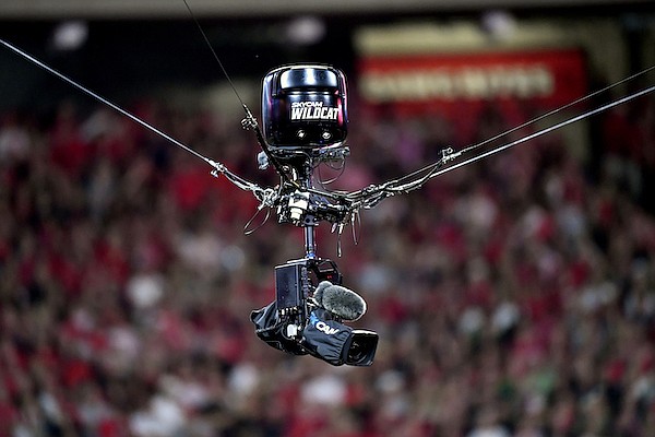 A cabled CBS Sports camera is shown in this 2019 file photo. (AP Photo/Mike Stewart)